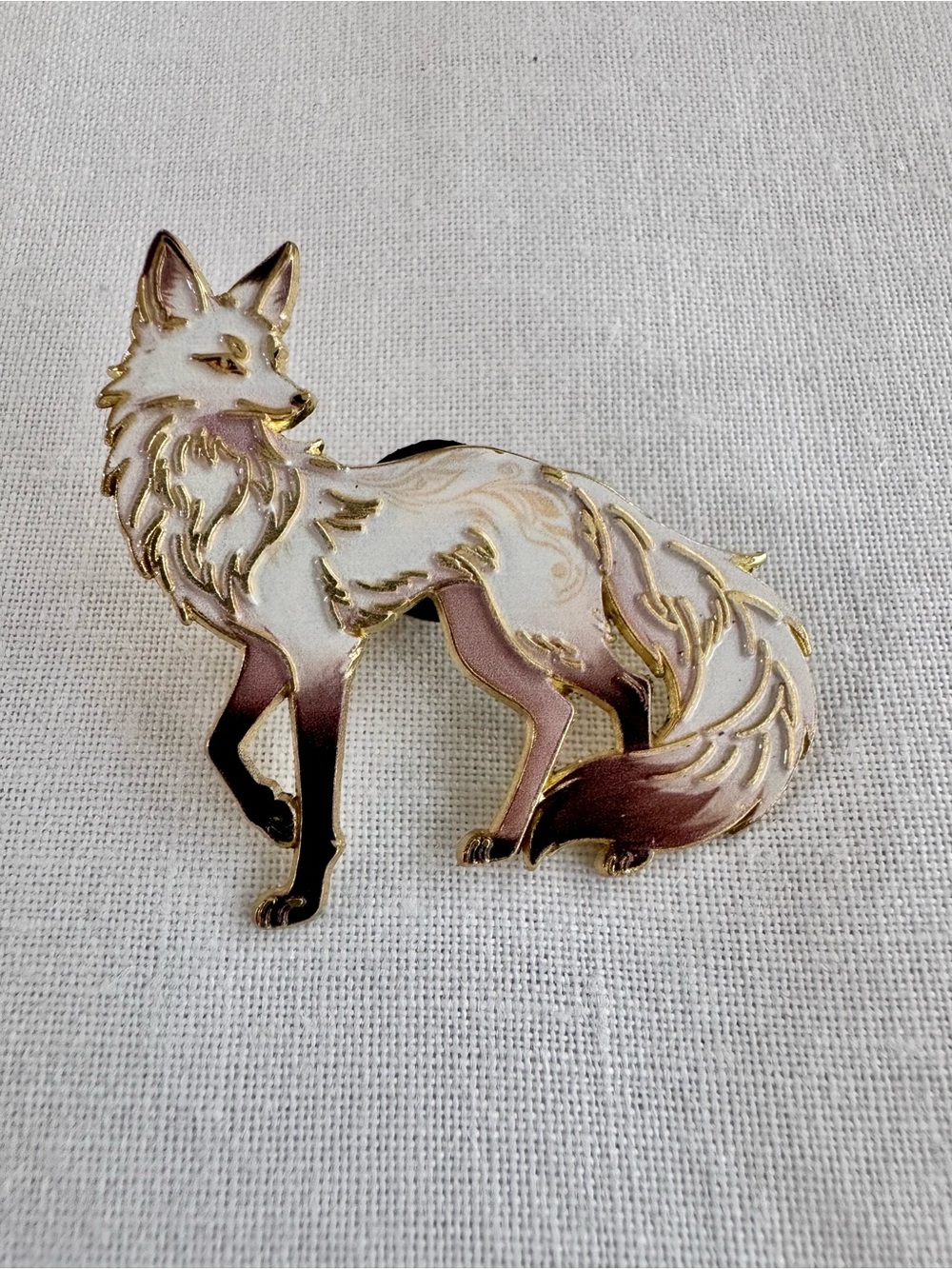 Gold Metal White and Brown Fox Enamel Pin about 2”